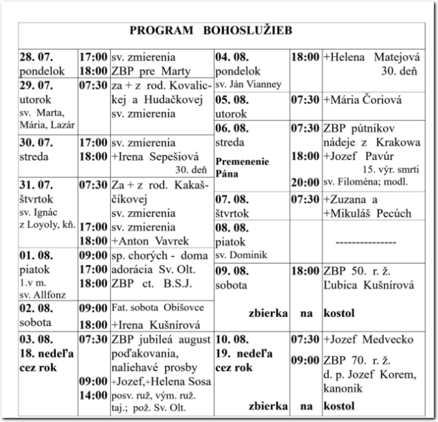 Program Bohoslužieb RKF Drienov