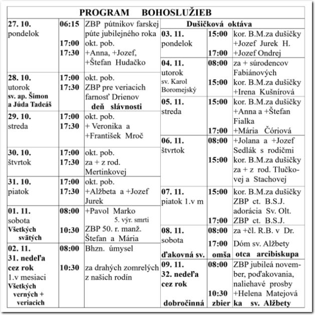 Program Bohoslužieb RKF Drienov