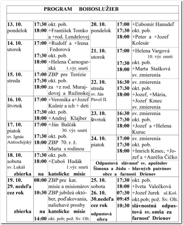 Program Bohoslužieb RKF Drienov