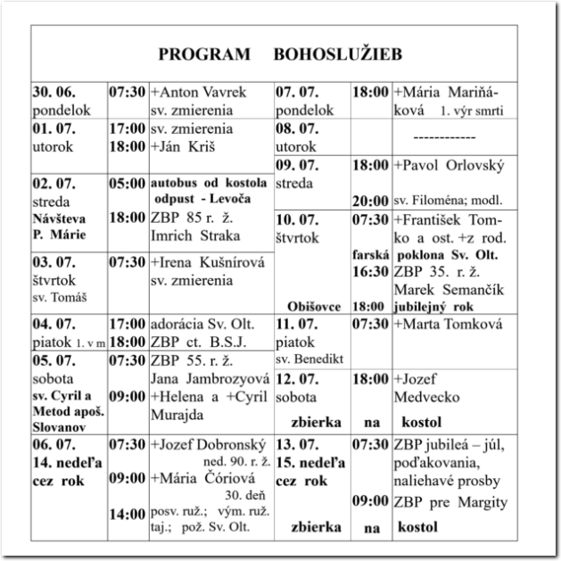 Program Bohoslužieb RKF Drienov