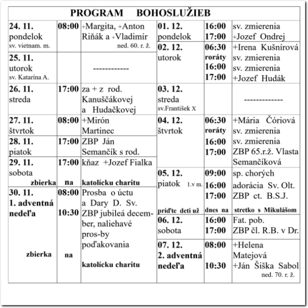 Program Bohoslužieb RKF Drienov