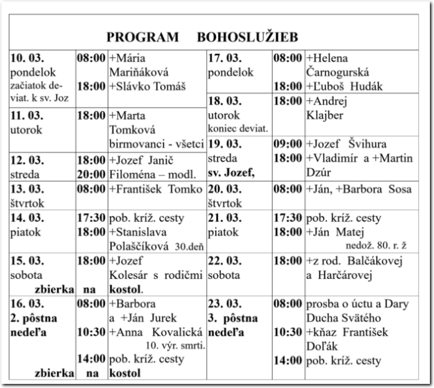 Program Bohoslužieb RKF Drienov