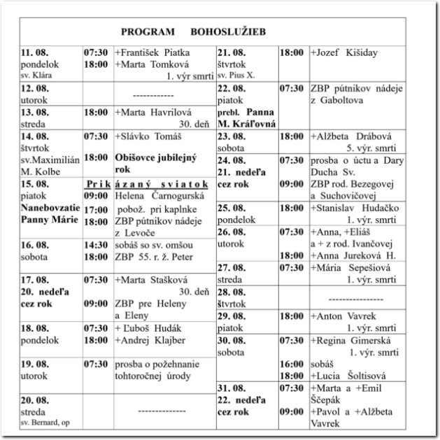 Program Bohoslužieb RKF Drienov