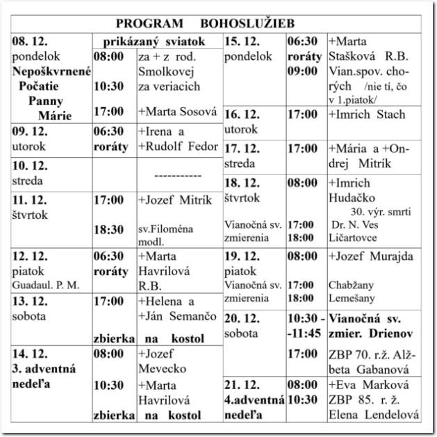 Program Bohoslužieb RKF Drienov