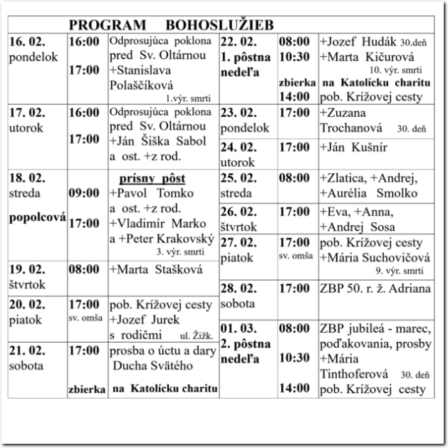 Program Bohoslužieb RKF Drienov