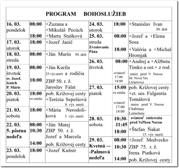 Program Bohoslužieb RKF Drienov