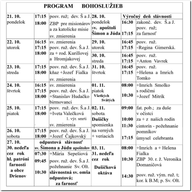 Program Bohoslužieb RKF Drienov